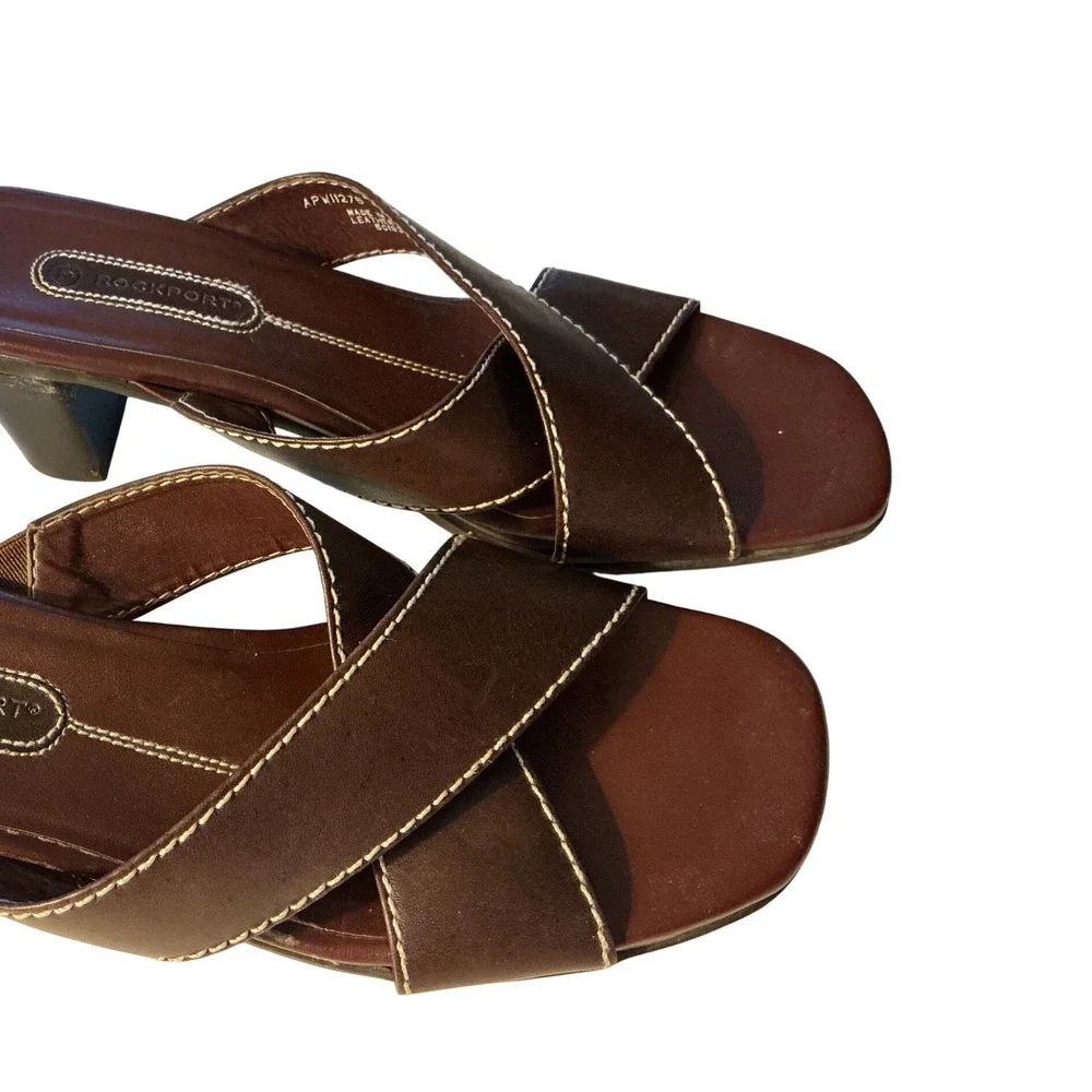 Rockport Brown Leather Crisscross Slide Sandals Block Heel Square Toe Size 7.5M